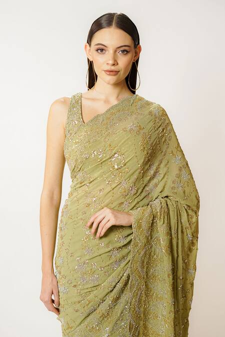 Shop_Rabani & Rakha_Green Georgette Sequins, Cut Work Zaynab Hand Embroidered Saree With Blouse _Online_at_Aza_Fashions