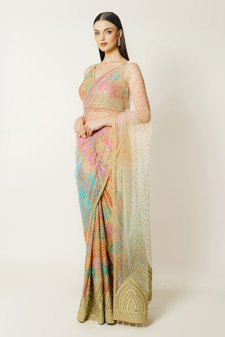 Rabani & Rakha_Multi Color Georgette, Net Sequins, Zari, Embroidery Zaynab Saree With Blouse _Online_at_Aza_Fashions