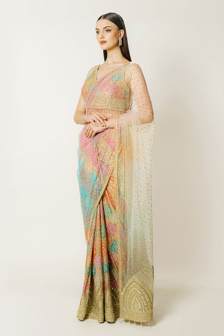 Buy_Rabani & Rakha_Multi Color Georgette, Net Sequins, Zari, Embroidery Zaynab Saree With Blouse _Online_at_Aza_Fashions