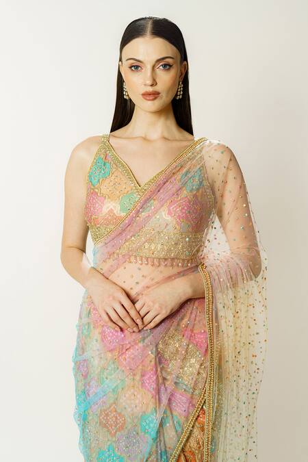 Shop_Rabani & Rakha_Multi Color Georgette, Net Sequins, Zari, Embroidery Zaynab Saree With Blouse _Online_at_Aza_Fashions
