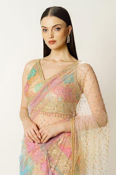Rabani & Rakha_Multi Color Georgette, Net Sequins, Zari, Embroidery Zaynab Saree With Blouse _at_Aza_Fashions