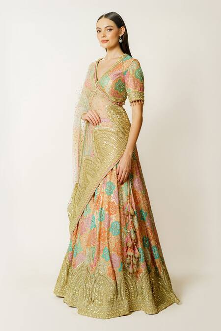 Rabani & Rakha_Multi Color Georgette, Net Sequins, Nadia Hand Embroidered Blouse Lehenga Set _Online_at_Aza_Fashions