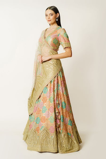 Buy_Rabani & Rakha_Multi Color Georgette, Net Sequins, Nadia Hand Embroidered Blouse Lehenga Set _Online_at_Aza_Fashions