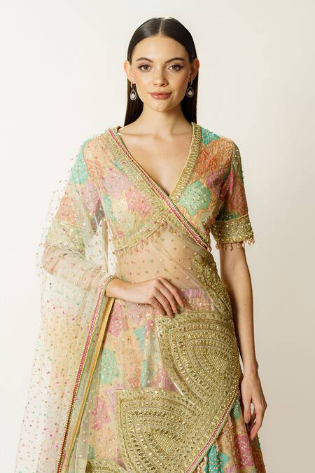 Shop_Rabani & Rakha_Multi Color Georgette, Net Sequins, Nadia Hand Embroidered Blouse Lehenga Set _Online_at_Aza_Fashions