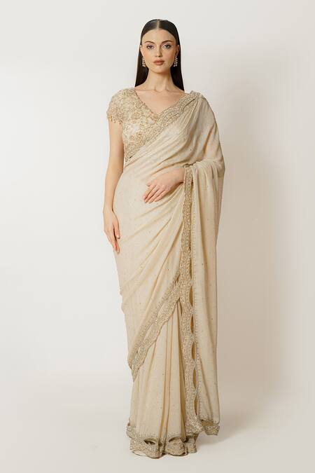 Rabani & Rakha_Beige Georgette Sequins, Zari V-neck Zaynab Embroidered Saree With Blouse _Online_at_Aza_Fashions