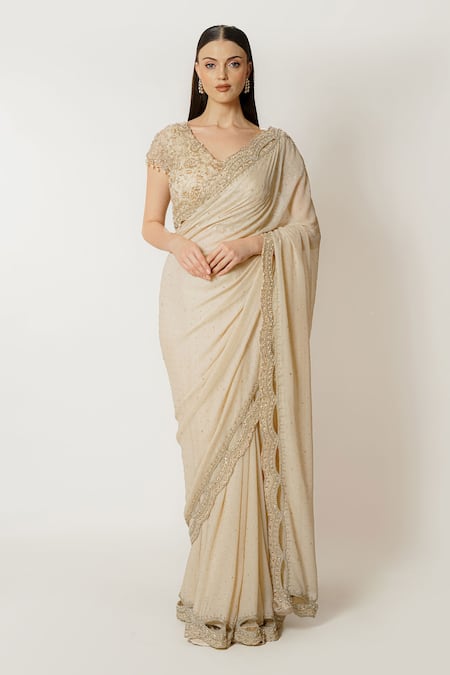 Buy_Rabani & Rakha_Beige Georgette Sequins, Zari V-neck Zaynab Embroidered Saree With Blouse _Online_at_Aza_Fashions