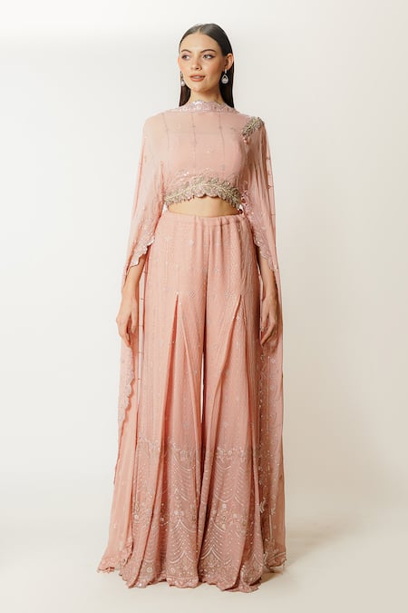 Rabani & Rakha_Pink Georgette Sequins High Neck Adha Embroidered Blouse And Palazzo Set _Online_at_Aza_Fashions
