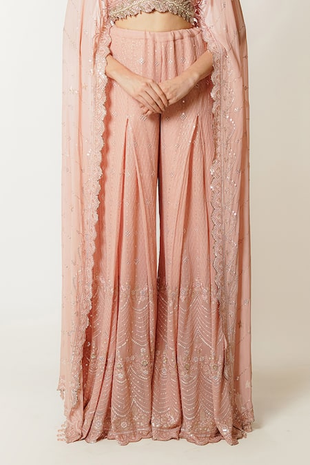Buy_Rabani & Rakha_Pink Georgette Sequins High Neck Adha Embroidered Blouse And Palazzo Set _Online_at_Aza_Fashions