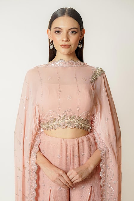 Shop_Rabani & Rakha_Pink Georgette Sequins High Neck Adha Embroidered Blouse And Palazzo Set _Online_at_Aza_Fashions