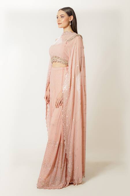 Rabani & Rakha_Pink Georgette Sequins High Neck Adha Embroidered Blouse And Palazzo Set _at_Aza_Fashions