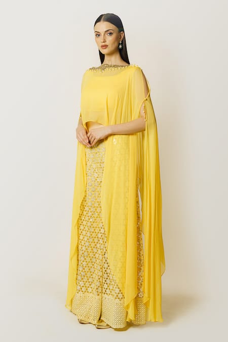 Shop_Rabani & Rakha_Yellow Net, Georgette Sequins, Pearls Round Adha Embroidered Cape Palazzo Set _Online_at_Aza_Fashions