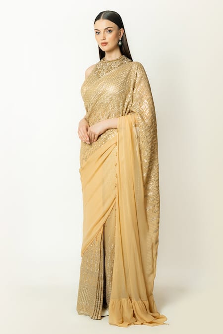 Buy_Rabani & Rakha_Gold Georgette Sequins, Sairaa Embroidered Pre-draped Palazzo Saree With Blouse _Online_at_Aza_Fashions