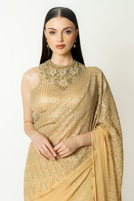 Shop_Rabani & Rakha_Gold Georgette Sequins, Sairaa Embroidered Pre-draped Palazzo Saree With Blouse _Online_at_Aza_Fashions