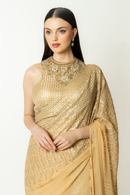 Rabani & Rakha_Gold Georgette Sequins, Sairaa Embroidered Pre-draped Palazzo Saree With Blouse _at_Aza_Fashions