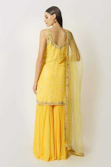 Shop Rabani & Rakha Yellow Georgette, Net Sequins, Cut Work, Ayat Embroidered Kurta Gharara Set at Aza Fashions Shop_Rabani & Rakha_Yellow Georgette, Net Sequins, Cut Work, Ayat Embroidered Kurta Gharara Set _at_Aza_Fashions