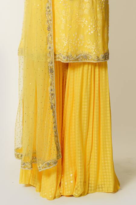 Buy Rabani & Rakha Yellow Georgette, Net Sequins, Cut Work, Ayat Embroidered Kurta Gharara Set Online at Aza Fashions Buy_Rabani & Rakha_Yellow Georgette, Net Sequins, Cut Work, Ayat Embroidered Kurta Gharara Set _Online_at_Aza_Fashions