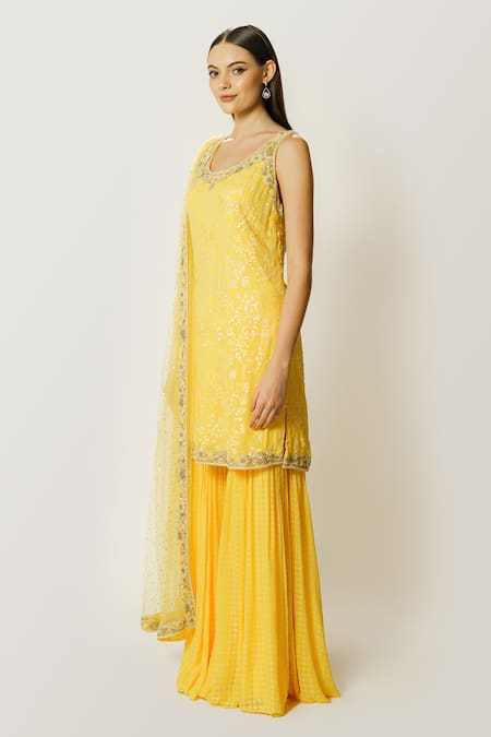 Shop Rabani & Rakha Yellow Georgette, Net Sequins, Cut Work, Ayat Embroidered Kurta Gharara Set Online at Aza Fashions Shop_Rabani & Rakha_Yellow Georgette, Net Sequins, Cut Work, Ayat Embroidered Kurta Gharara Set _Online_at_Aza_Fashions