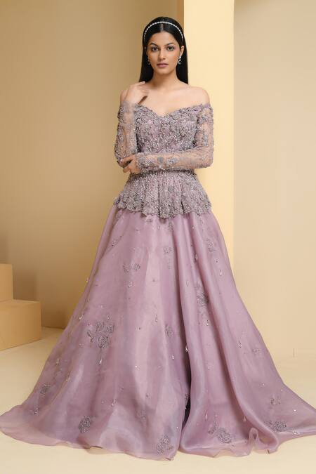 Pooja Peshoria_Purple Organza, Net Crystals, Sequins, Floral Embellished Peplum Top And Skirt Set _Online_at_Aza_Fashions