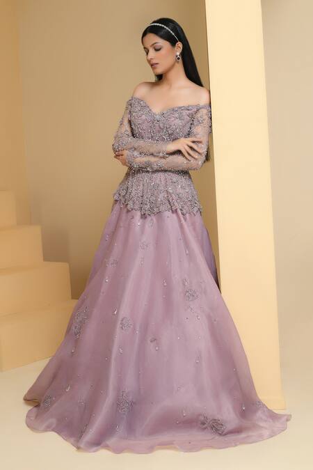 Buy_Pooja Peshoria_Purple Organza, Net Crystals, Sequins, Floral Embellished Peplum Top And Skirt Set _Online_at_Aza_Fashions