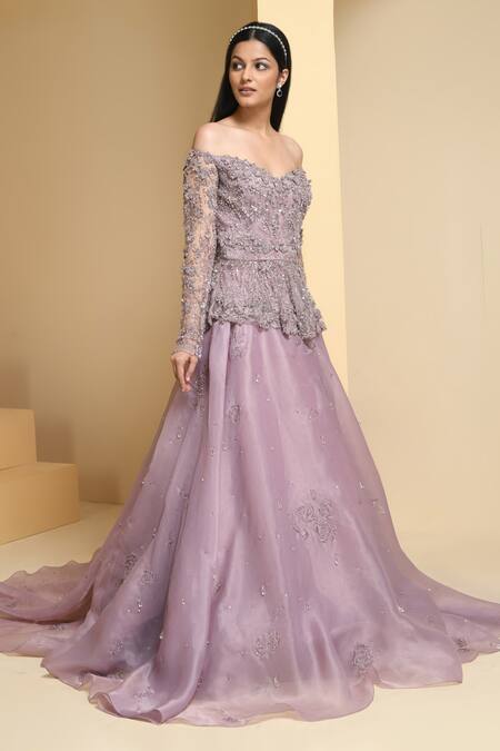 Pooja Peshoria_Purple Organza, Net Crystals, Sequins, Floral Embellished Peplum Top And Skirt Set _at_Aza_Fashions