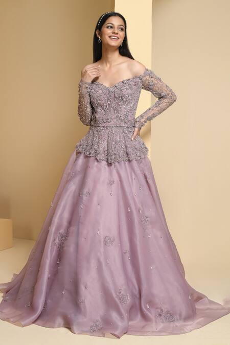 Shop_Pooja Peshoria_Purple Organza, Net Crystals, Sequins, Floral Embellished Peplum Top And Skirt Set 