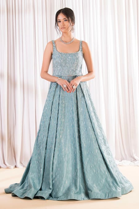 Pooja Peshoria Green Crepe Hand Embellished Crystal Scoop Flared Gown 