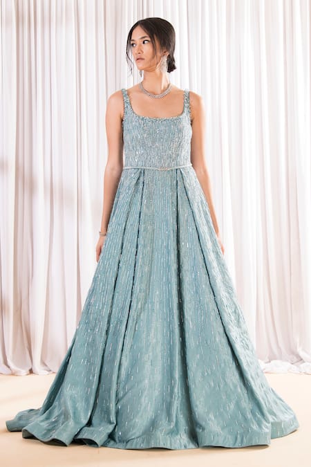 Pooja Peshoria_Green Crepe Hand Embellished Crystal Scoop Flared Gown _at_Aza_Fashions