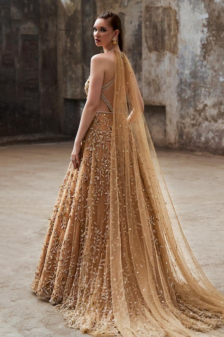 Shop_Pooja Peshoria_Gold Net Hand Embroidered Floral Vine And Leaves Halter Gown _at_Aza_Fashions