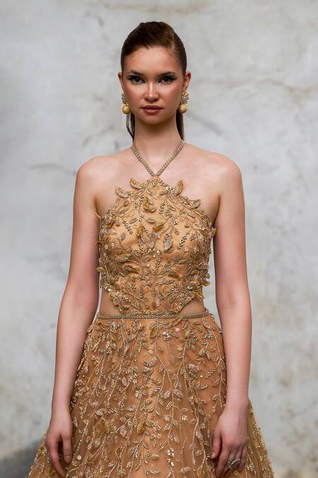 Pooja Peshoria_Gold Net Hand Embroidered Floral Vine And Leaves Halter Gown _at_Aza_Fashions