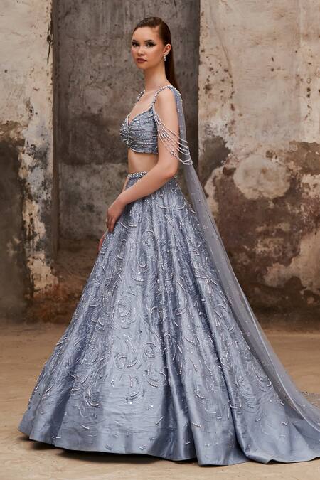 Buy Pooja Peshoria Blue Silk, Net Pearls, Beads Hand Embroidered Lehenga With Draped Blouse Buy_Pooja Peshoria_Blue Silk, Net Pearls, Beads Hand Embroidered Lehenga With Draped Blouse