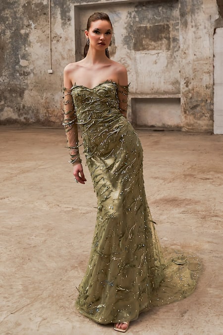 Shop_Pooja Peshoria_Green Satin Hand Embroidery Crystals Sweetheart Neck Gown _Online_at_Aza_Fashions