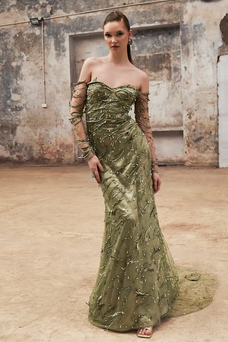 Pooja Peshoria_Green Satin Hand Embroidery Crystals Sweetheart Neck Gown _at_Aza_Fashions