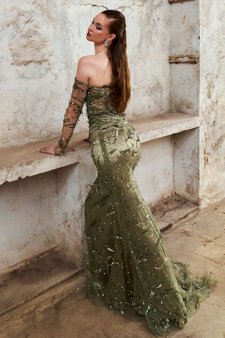 Shop_Pooja Peshoria_Green Satin Hand Embroidery Crystals Sweetheart Neck Gown 