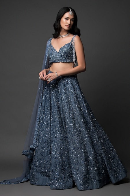 Pooja Peshoria_Blue Silk, Net Pearls, Sequins, Crystals Sweetheart Hand Embroidered Lehenga Set _Online_at_Aza_Fashions