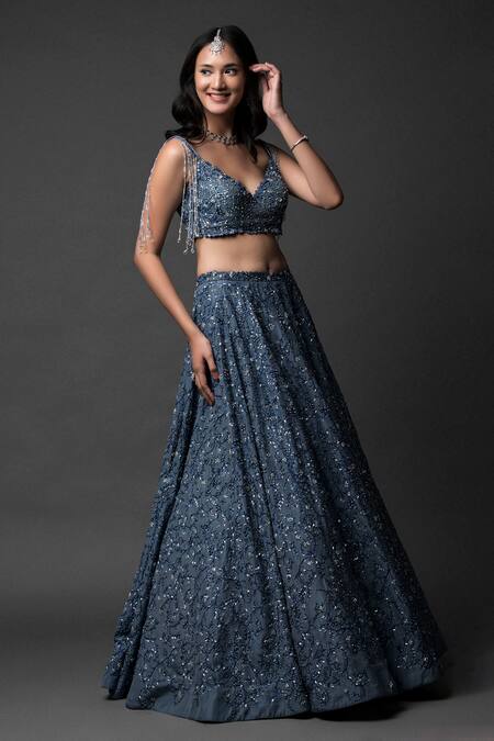 Buy_Pooja Peshoria_Blue Silk, Net Pearls, Sequins, Crystals Sweetheart Hand Embroidered Lehenga Set _Online_at_Aza_Fashions