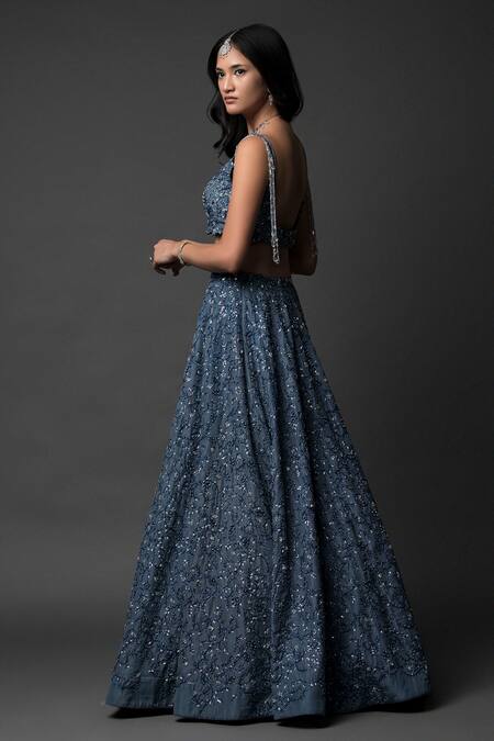 Shop_Pooja Peshoria_Blue Silk, Net Pearls, Sequins, Crystals Sweetheart Hand Embroidered Lehenga Set _Online_at_Aza_Fashions