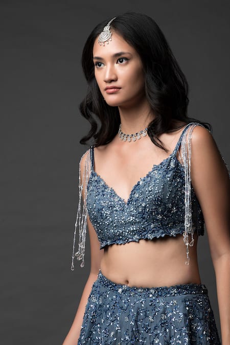 Pooja Peshoria_Blue Silk, Net Pearls, Sequins, Crystals Sweetheart Hand Embroidered Lehenga Set _at_Aza_Fashions