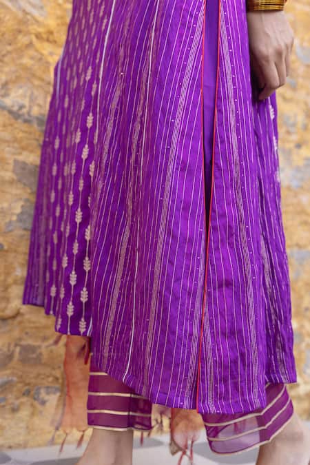 Myaara Purple Silk, Cotton, Organza Sequins, Zari Split Foliage Pattern Kurta Pant Set at Aza Fashions Myaara_Purple Silk, Cotton, Organza Sequins, Zari Split Foliage Pattern Kurta Pant Set _at_Aza_Fashions