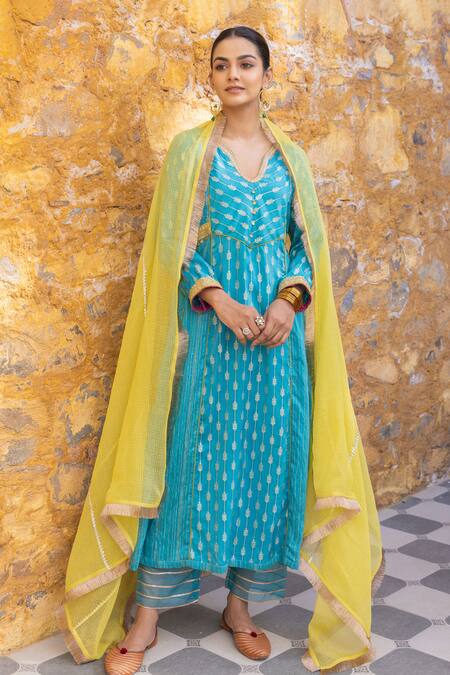 Myaara Blue Silk, Cotton, Kota Doria Sequins Split Foliage Zari Pattern Kurta Pant Set Online at Aza Fashions Myaara_Blue Silk, Cotton, Kota Doria Sequins Split Foliage Zari Pattern Kurta Pant Set _Online_at_Aza_Fashions