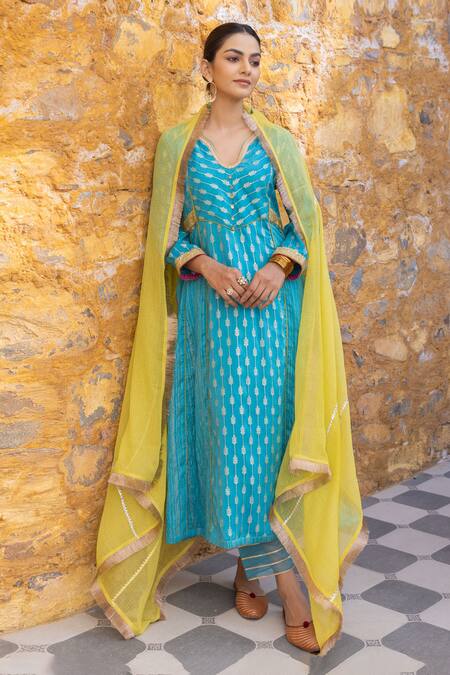 Buy Myaara Blue Silk, Cotton, Kota Doria Sequins Split Foliage Zari Pattern Kurta Pant Set Online at Aza Fashions Buy_Myaara_Blue Silk, Cotton, Kota Doria Sequins Split Foliage Zari Pattern Kurta Pant Set _Online_at_Aza_Fashions