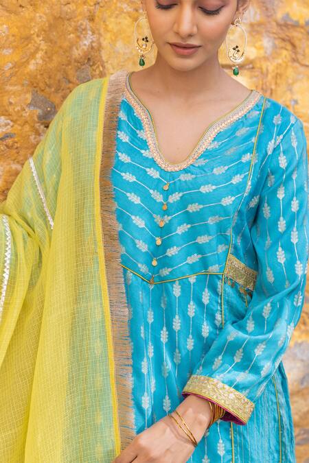 Shop Myaara Blue Silk, Cotton, Kota Doria Sequins Split Foliage Zari Pattern Kurta Pant Set Online at Aza Fashions Shop_Myaara_Blue Silk, Cotton, Kota Doria Sequins Split Foliage Zari Pattern Kurta Pant Set _Online_at_Aza_Fashions
