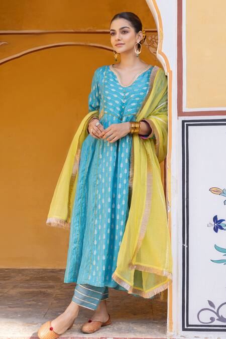 Myaara Blue Silk, Cotton, Kota Doria Sequins Split Foliage Zari Pattern Kurta Pant Set at Aza Fashions Myaara_Blue Silk, Cotton, Kota Doria Sequins Split Foliage Zari Pattern Kurta Pant Set _at_Aza_Fashions