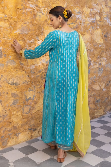 Shop Myaara Blue Silk, Cotton, Kota Doria Sequins Split Foliage Zari Pattern Kurta Pant Set at Aza Fashions Shop_Myaara_Blue Silk, Cotton, Kota Doria Sequins Split Foliage Zari Pattern Kurta Pant Set _at_Aza_Fashions