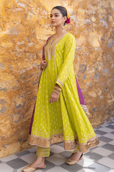 Myaara Yellow Silk, Viscose, Cotton, Organza Sequins, Gota Patti, Anarkali Pant Set Online at Aza Fashions Myaara_Yellow Silk, Viscose, Cotton, Organza Sequins, Gota Patti, Anarkali Pant Set _Online_at_Aza_Fashions
