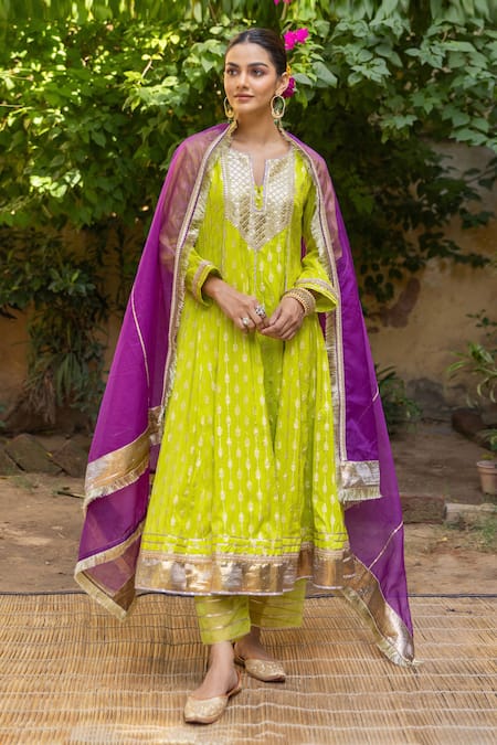 Shop Myaara Yellow Silk, Viscose, Cotton, Organza Sequins, Gota Patti, Anarkali Pant Set Online at Aza Fashions Shop_Myaara_Yellow Silk, Viscose, Cotton, Organza Sequins, Gota Patti, Anarkali Pant Set _Online_at_Aza_Fashions