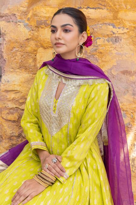 Myaara Yellow Silk, Viscose, Cotton, Organza Sequins, Gota Patti, Anarkali Pant Set at Aza Fashions Myaara_Yellow Silk, Viscose, Cotton, Organza Sequins, Gota Patti, Anarkali Pant Set _at_Aza_Fashions