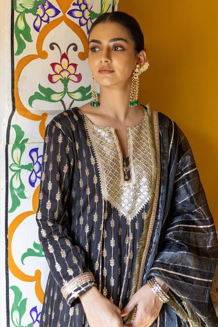Shop Myaara Black Silk, Viscose, Organza, Cotton Sequins, Foliage Pattern Anarkali Pant Set Online at Aza Fashions Shop_Myaara_Black Silk, Viscose, Organza, Cotton Sequins, Foliage Pattern Anarkali Pant Set _Online_at_Aza_Fashions