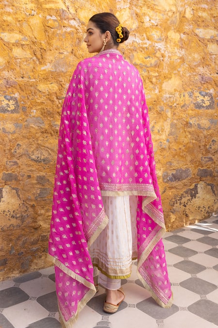 Shop Myaara White Silk, Cotton, Georgette Patterned Angarakha Anarkali Set With Dupatta at Aza Fashions Shop_Myaara_White Silk, Cotton, Georgette Patterned Angarakha Anarkali Set With Dupatta _at_Aza_Fashions