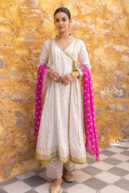 Myaara White Silk, Cotton, Georgette Patterned Angarakha Anarkali Set With Dupatta Online at Aza Fashions Myaara_White Silk, Cotton, Georgette Patterned Angarakha Anarkali Set With Dupatta _Online_at_Aza_Fashions