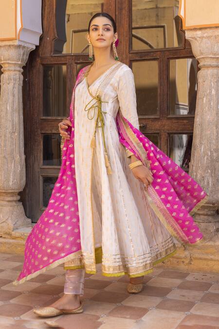 Buy Myaara White Silk, Cotton, Georgette Patterned Angarakha Anarkali Set With Dupatta Online at Aza Fashions Buy_Myaara_White Silk, Cotton, Georgette Patterned Angarakha Anarkali Set With Dupatta _Online_at_Aza_Fashions